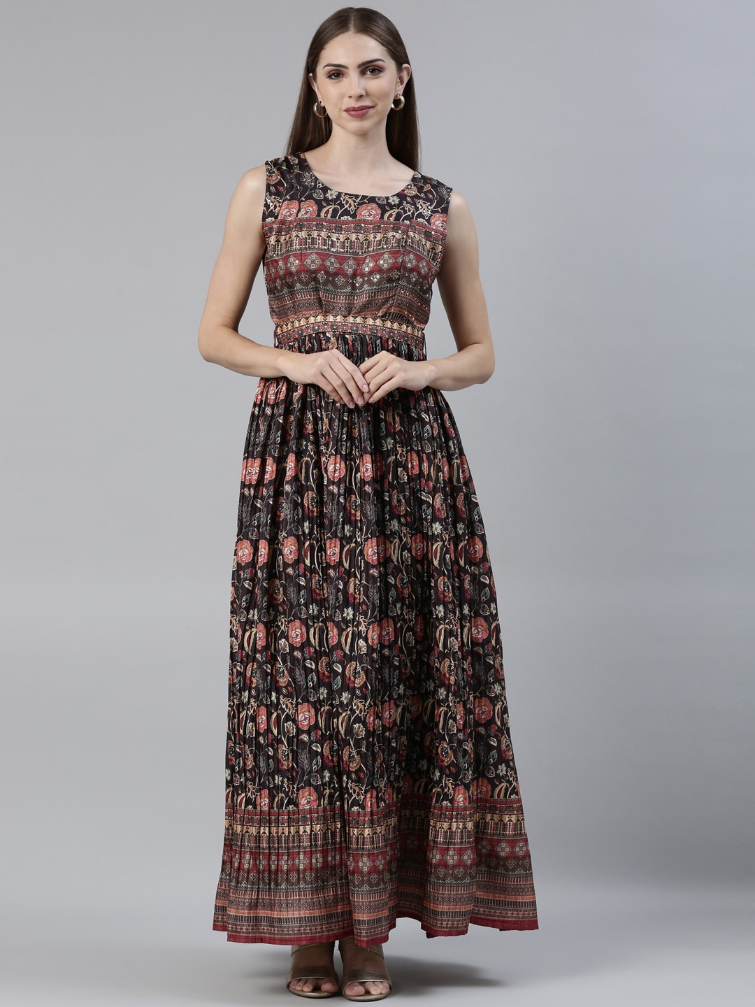 

Neerus Ethnic Motif Printed Sequined Fit & Flare Maxi Ethnic Dress, Black