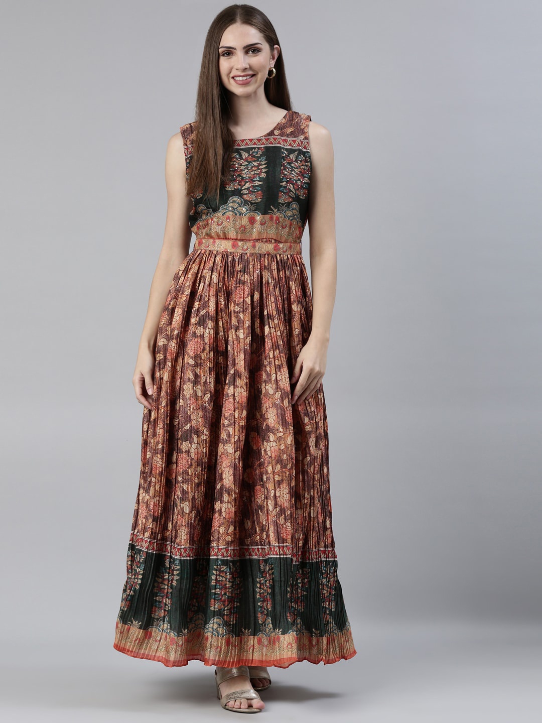

Neerus Ethnic Motifs Printed Silk Sleeveless Maxi Ethnic Dress, Brown