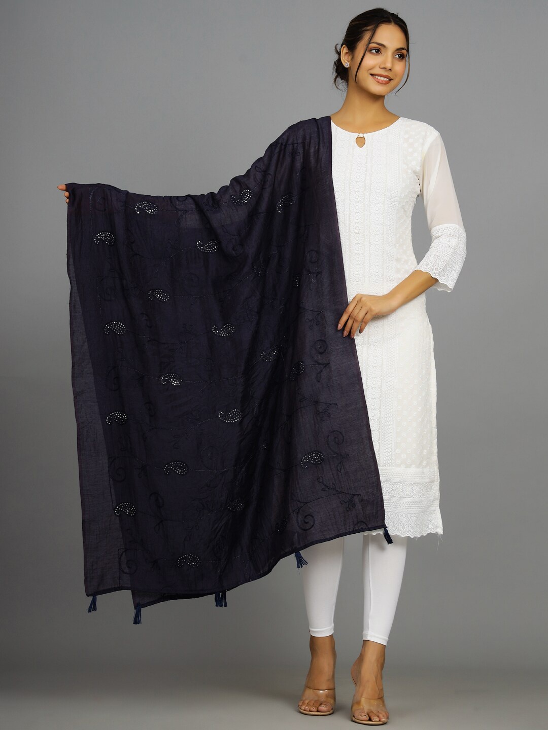 

HANDICRAFT PALACE Paisley Embroidered Dupatta with Sequinned, Navy blue