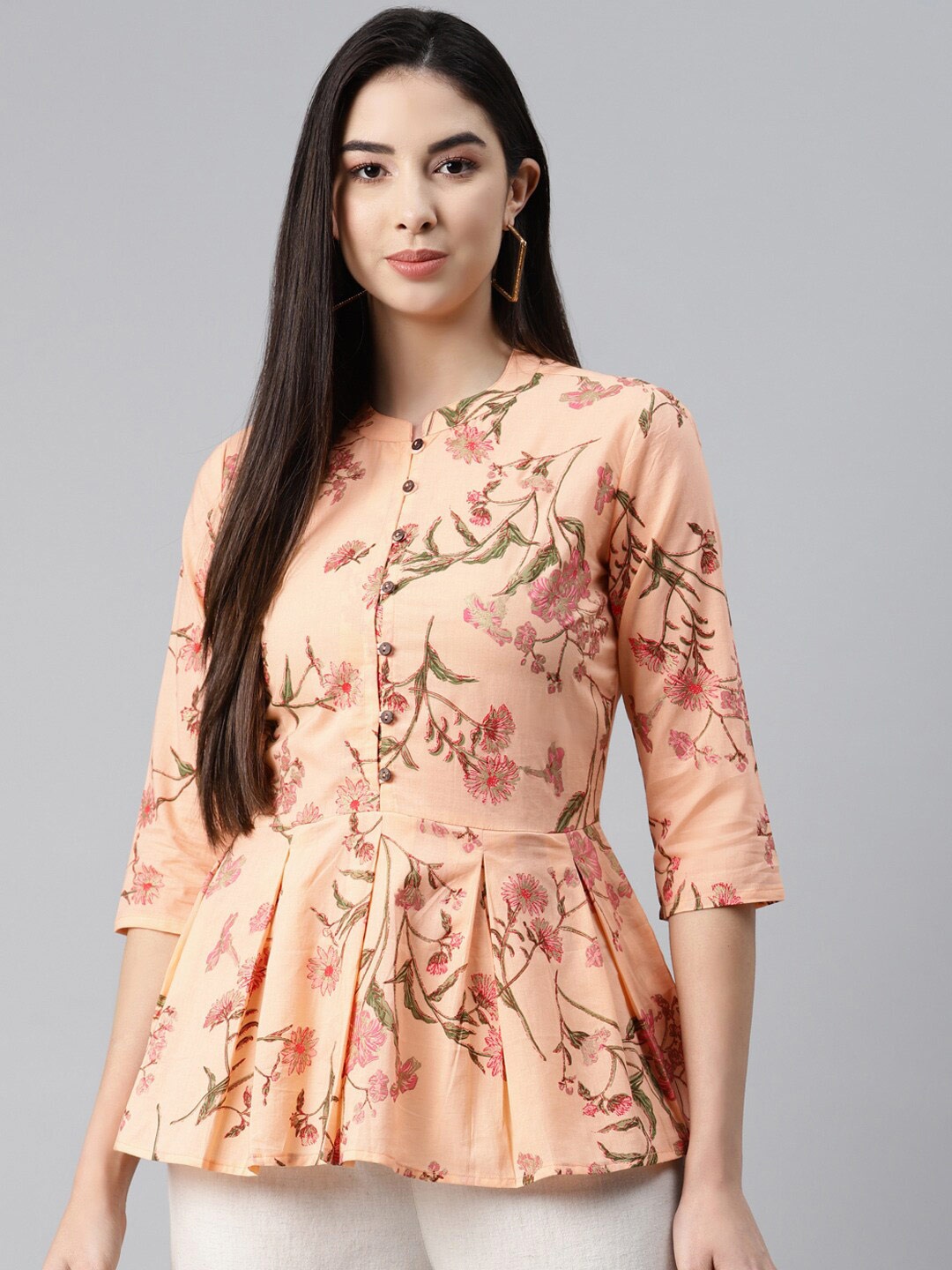 

HERE&NOW Floral Printed Pure Cotton Kurti, Peach