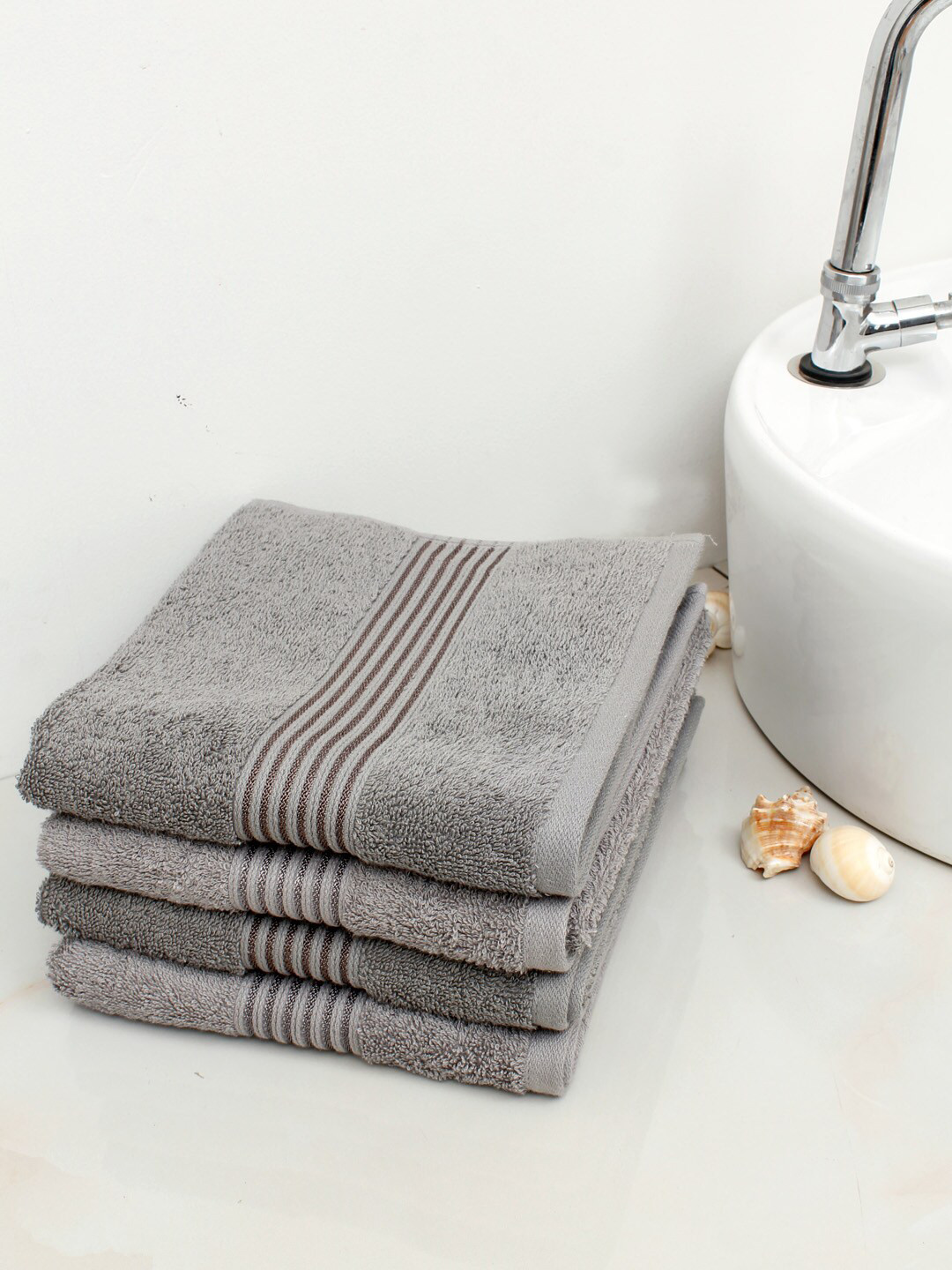 

AVI Living Grey & Brown 4 Pcs Striped Pure Cotton 650GSM Highly Absorbent Hand Towels