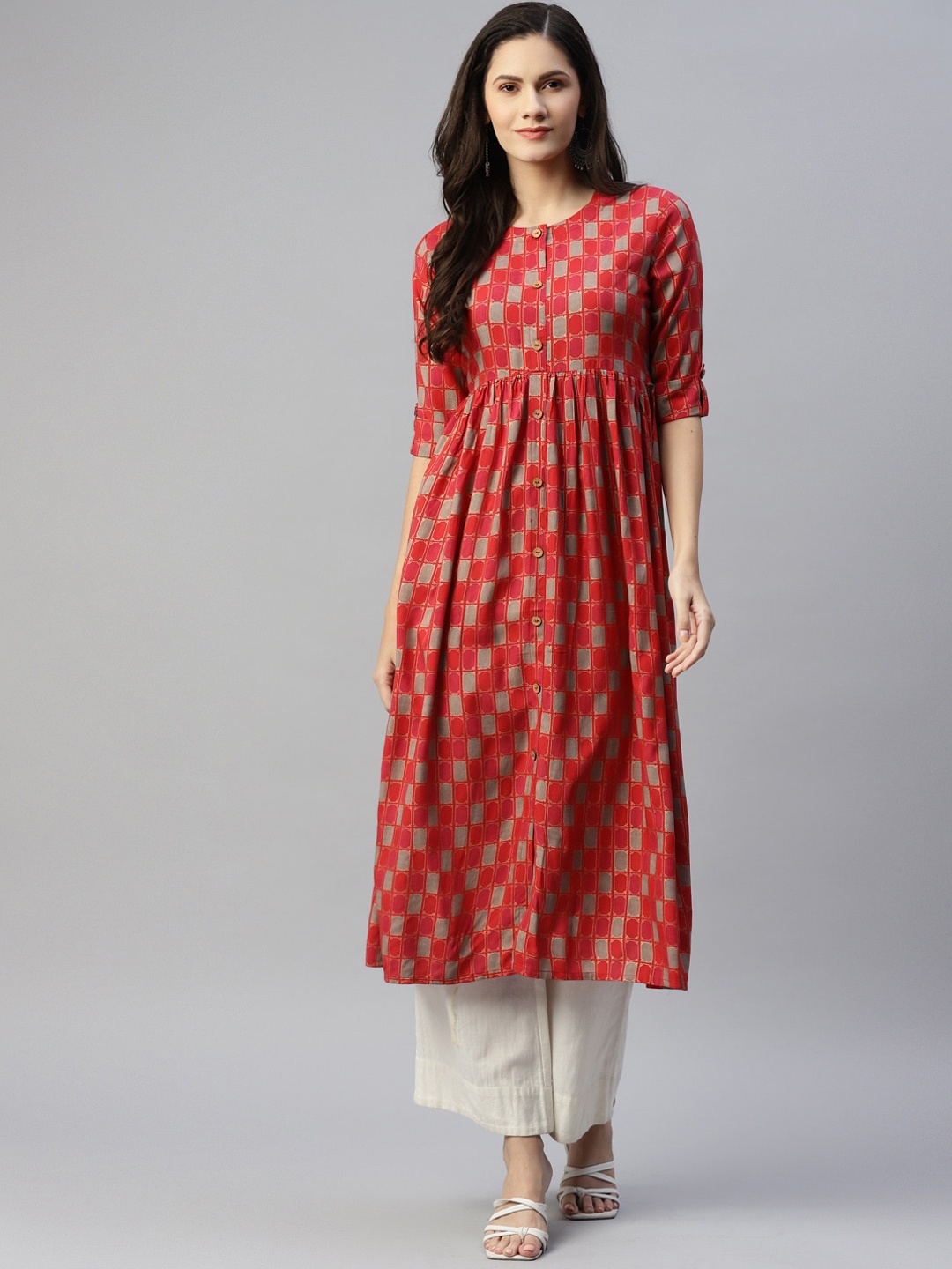

MALHAAR Geometric Printed Pleated A-Line Kurta, Red