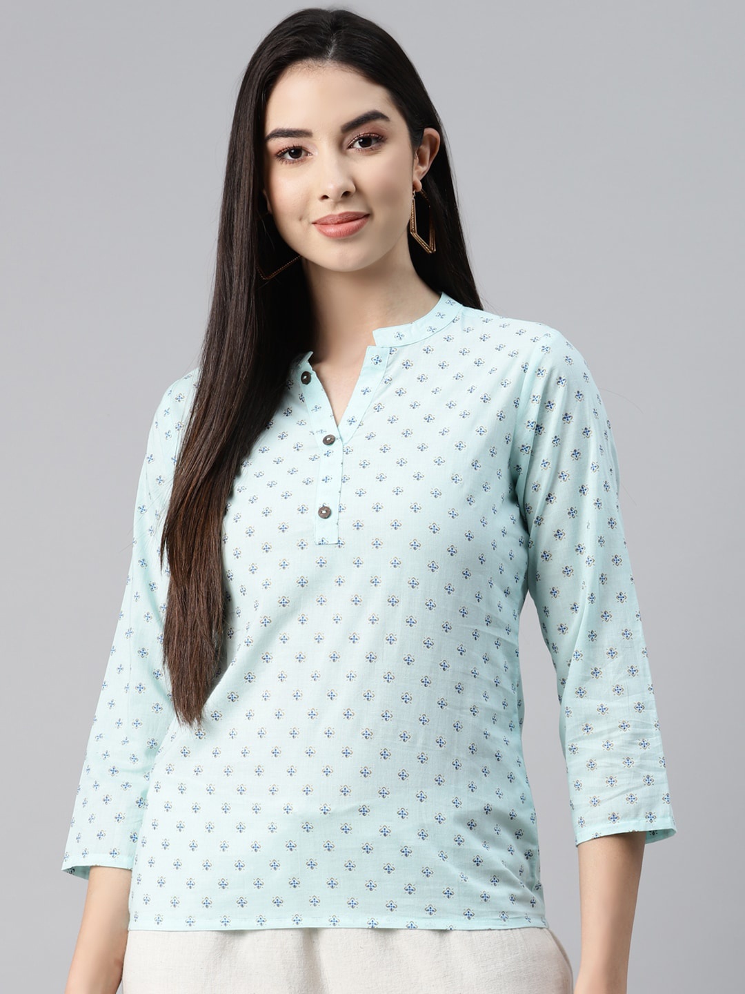 

MALHAAR Ethnic Motifs Printed Mandarin Collar Pure Cotton Short Kurti, Blue