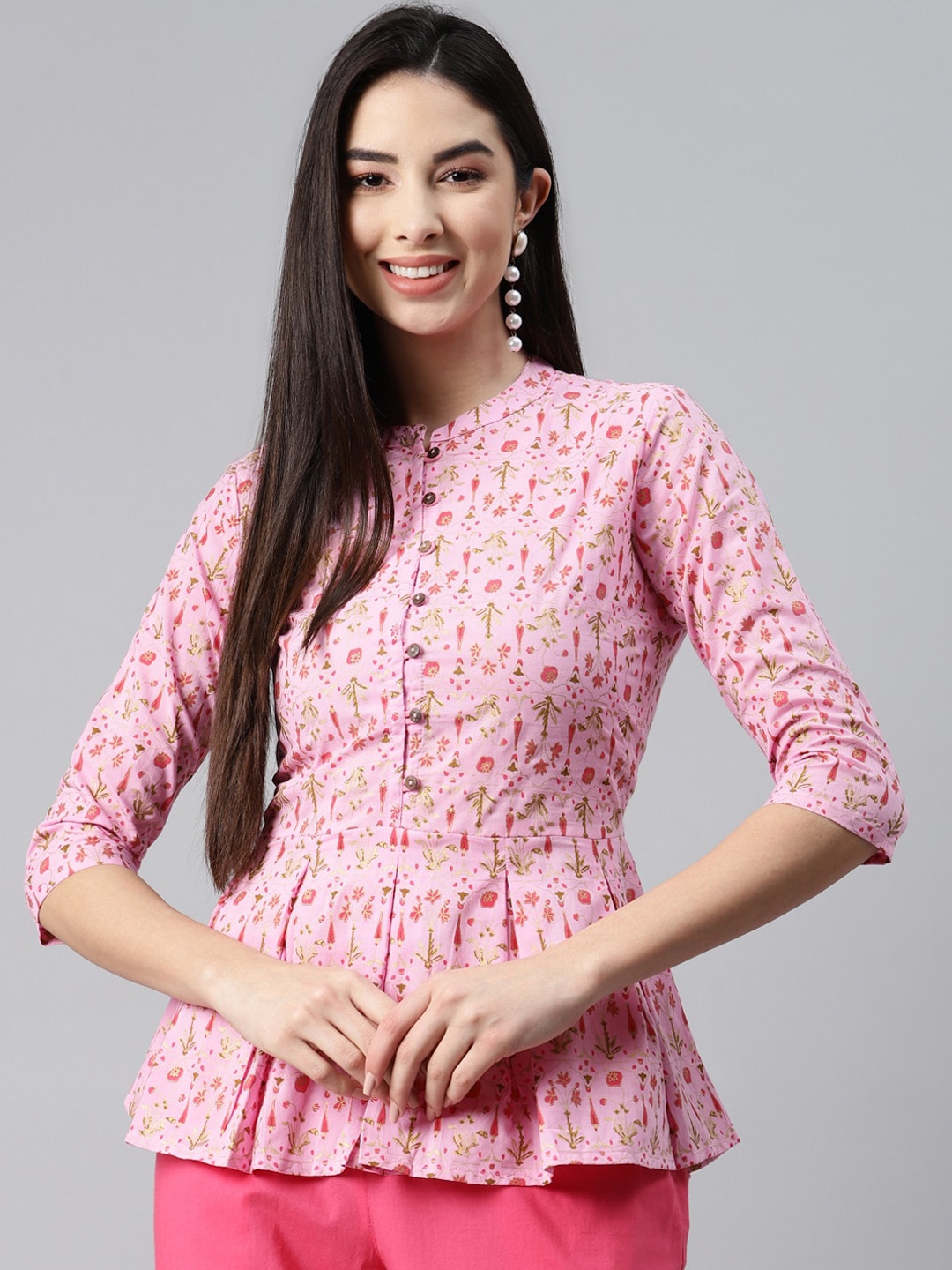 

MALHAAR Ethnic Motifs Printed Mandarin Collar Pure Cotton Top, Pink