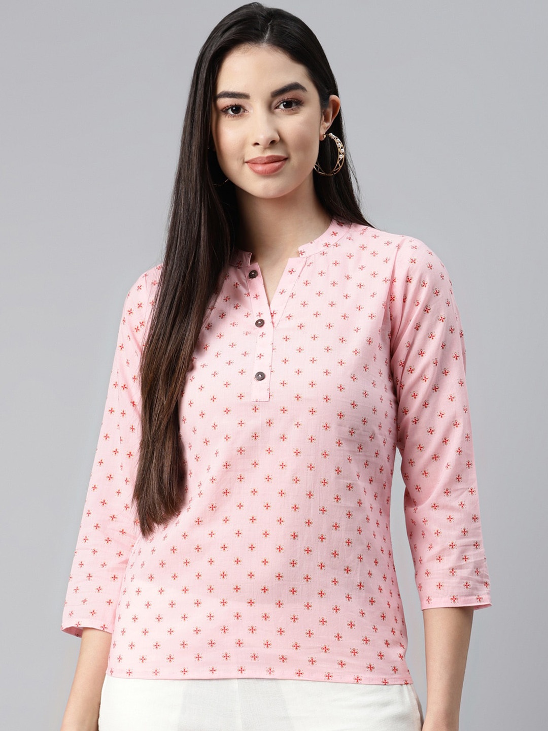 

MALHAAR Ethnic Motifs Printed Mandarin Collar Pure Cotton Short Kurti, Pink