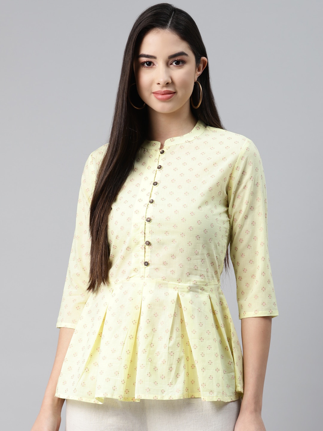 

MALHAAR Ethnic Motifs Printed Mandarin Collar Pure Cotton Kurti, Yellow