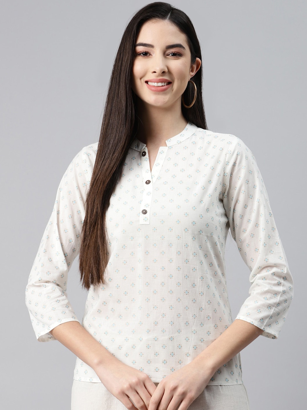 

MALHAAR Ethnic Motifs Printed Mandarin Collar Pure Cotton Kurti, White