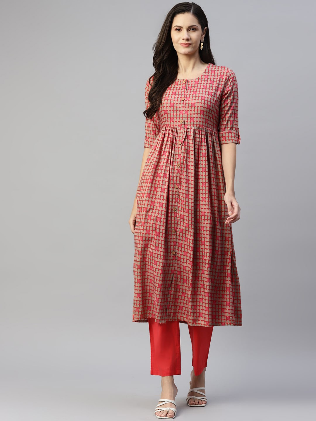 

MALHAAR Ethnic Motifs Printed Pleated A-Line Kurta, Red