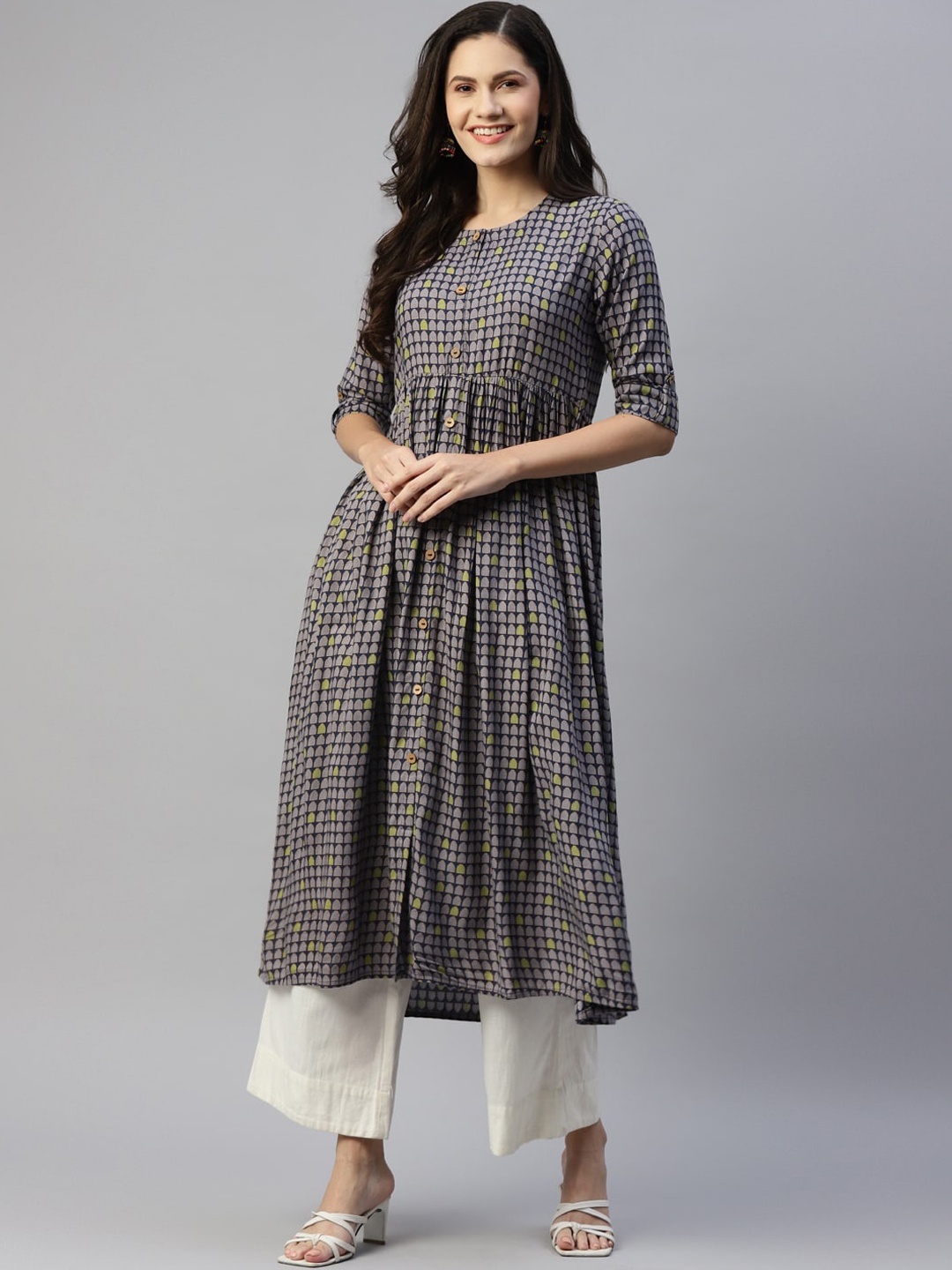 MALHAAR Ethnic Motifs Printed Pleated A-Line Kurta, Grey