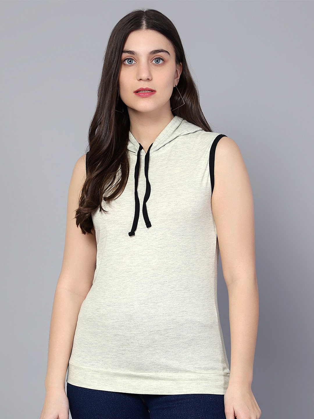 

DIAZ Sleeveless Hooded Regular Fit Cotton T-shirt, Cream
