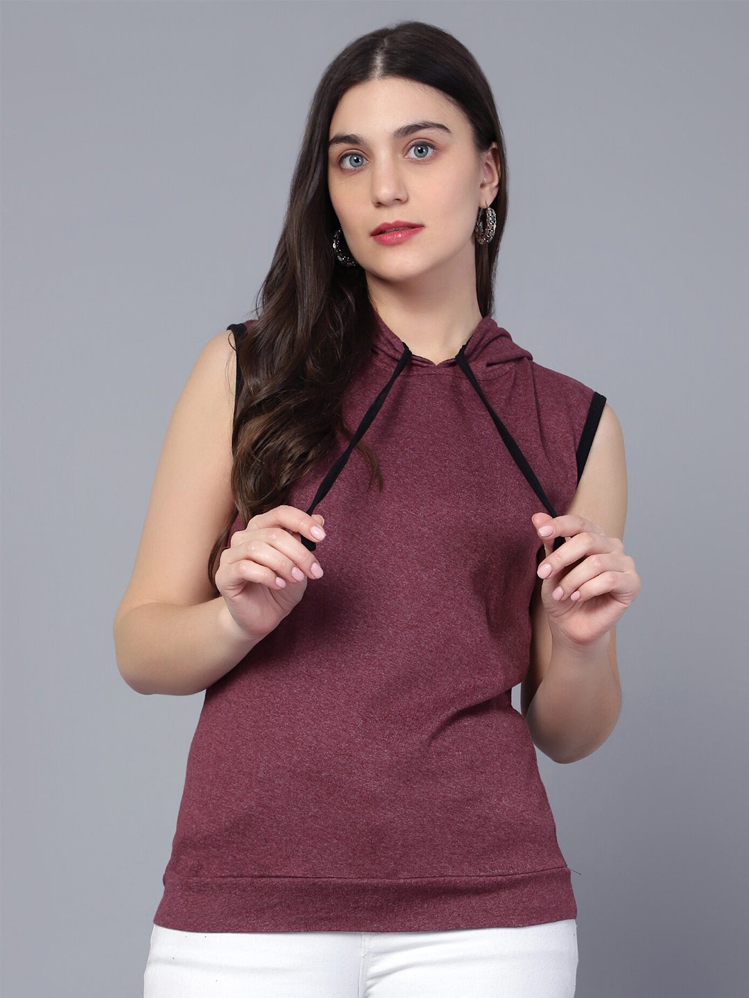 

DIAZ Women Hooded Sleeveless Cotton T-shirt, Maroon