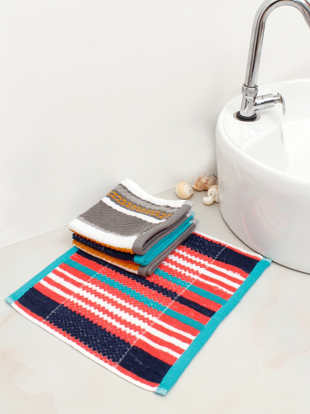 

AVI Living 4-Pcs Grey & Coral Striped 400 GSM Pure Cotton Face Towels
