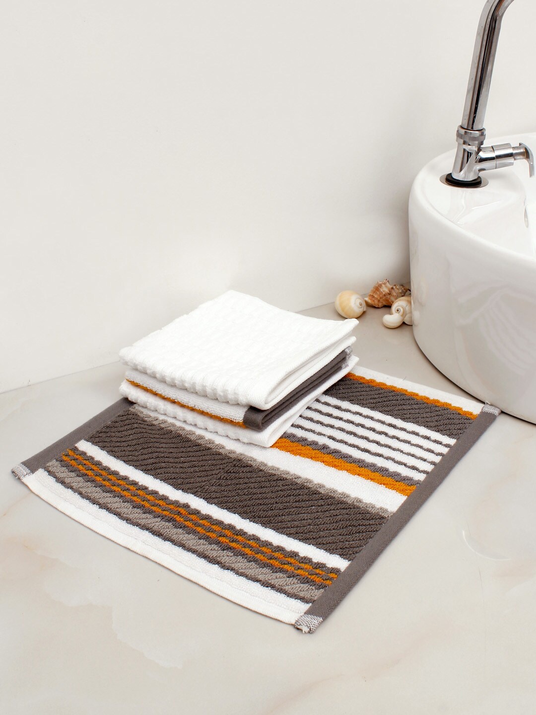 

AVI Living White & Grey 4 Pcs Striped Pure Cotton 500GSM Highly Absorbent Face Towels