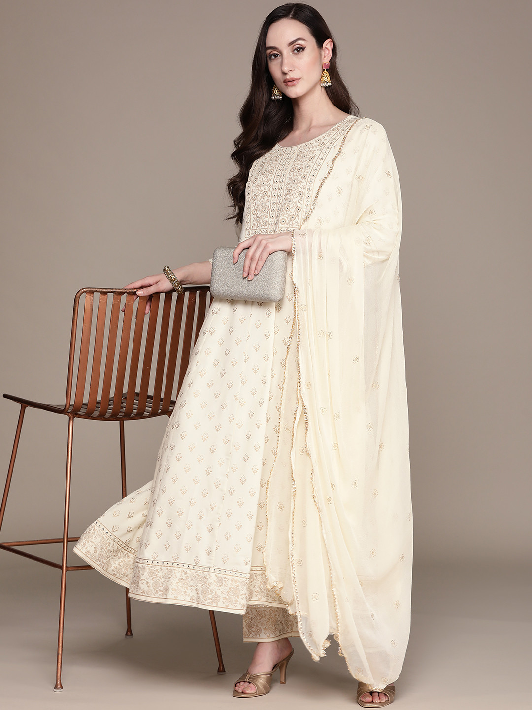

Ishin Floral Embroidered Regular Mirror Work Kurta with Trousers & With Dupatta, Off white