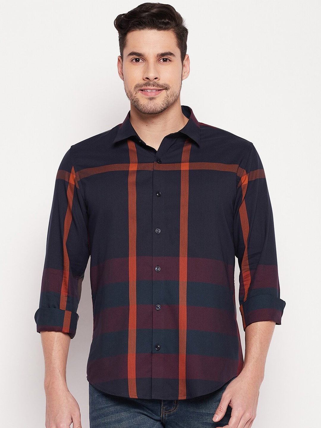 

CAMLA Checked Spread Collar Cotton Casual Shirt, Navy blue