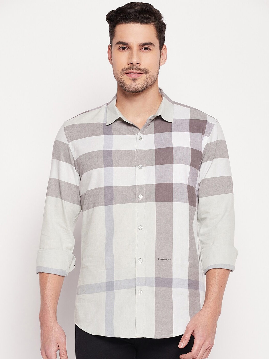 

CAMLA Buffalo Checked Spread Collar Cotton Casual Shirt, Sea green