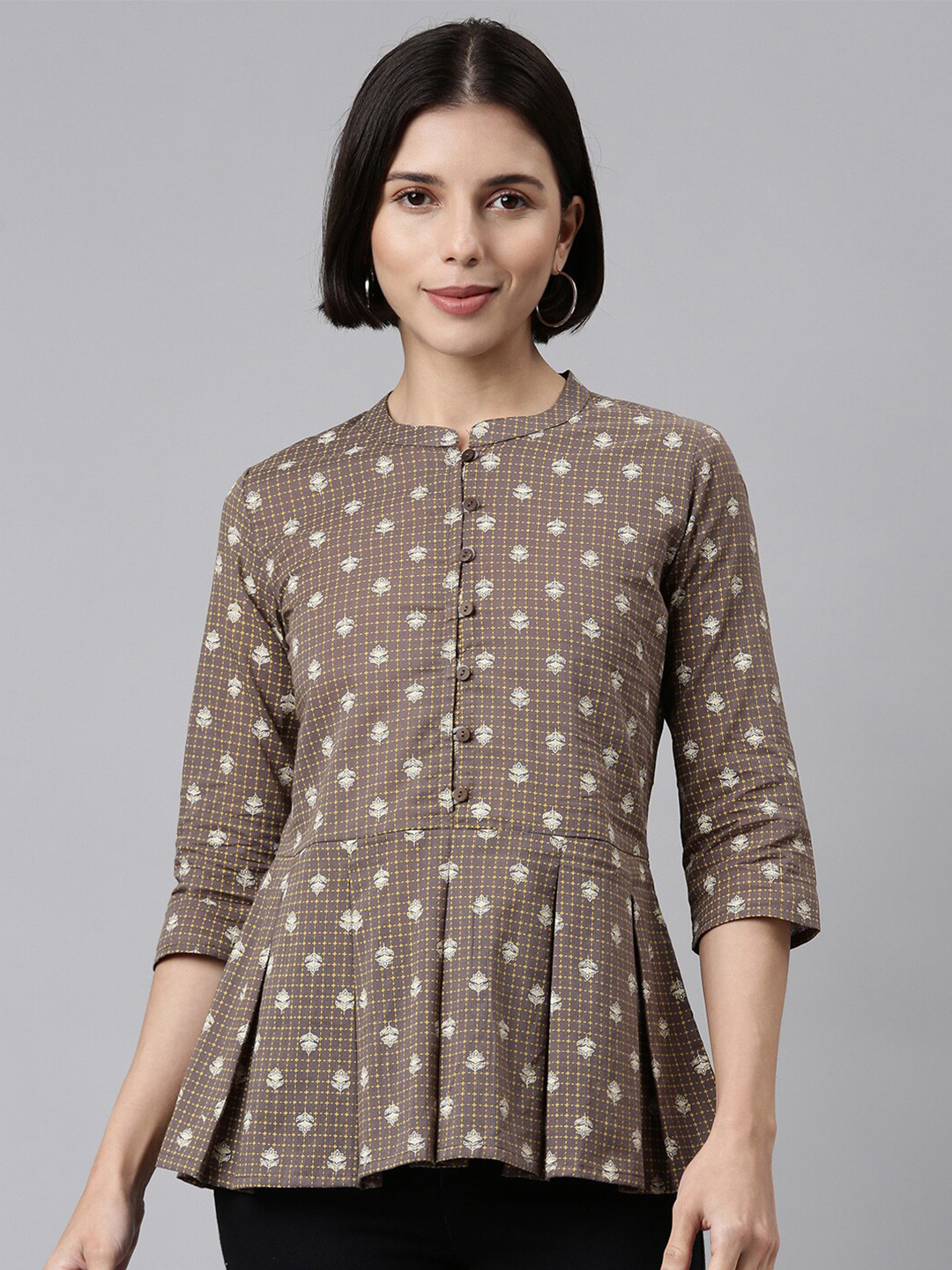 

MALHAAR Printed Mandarin Collar Cotton Peplum Top, Brown