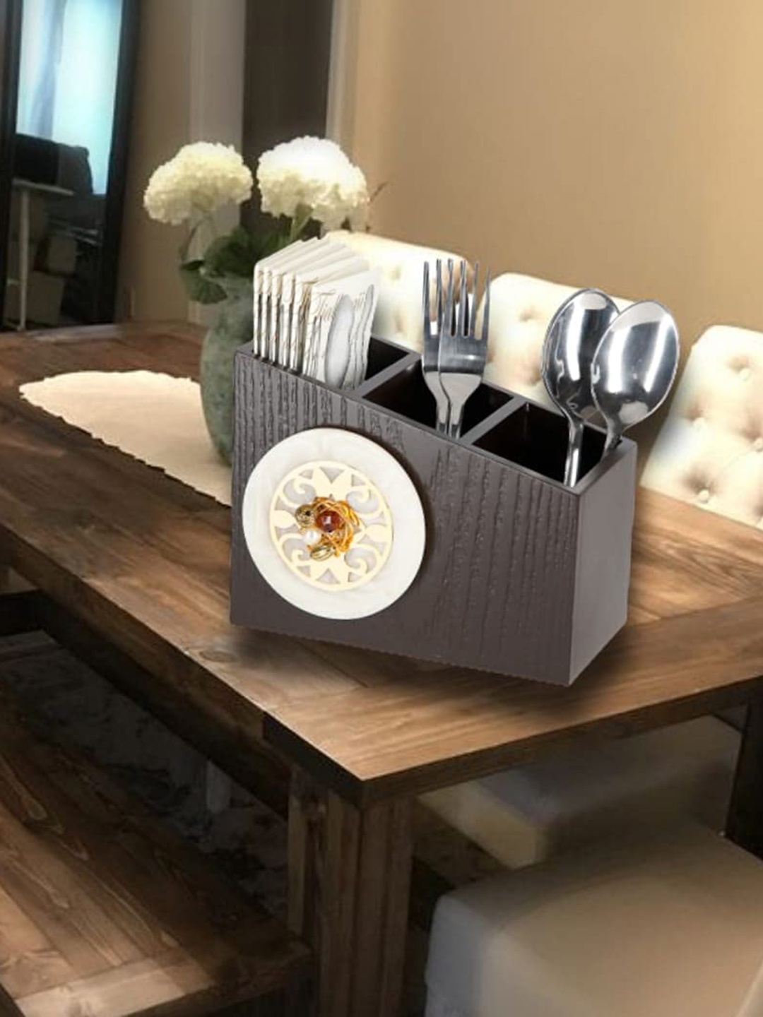 

COCKTAIL Brown Textured Wooden 3-Sections Cutlery Holder