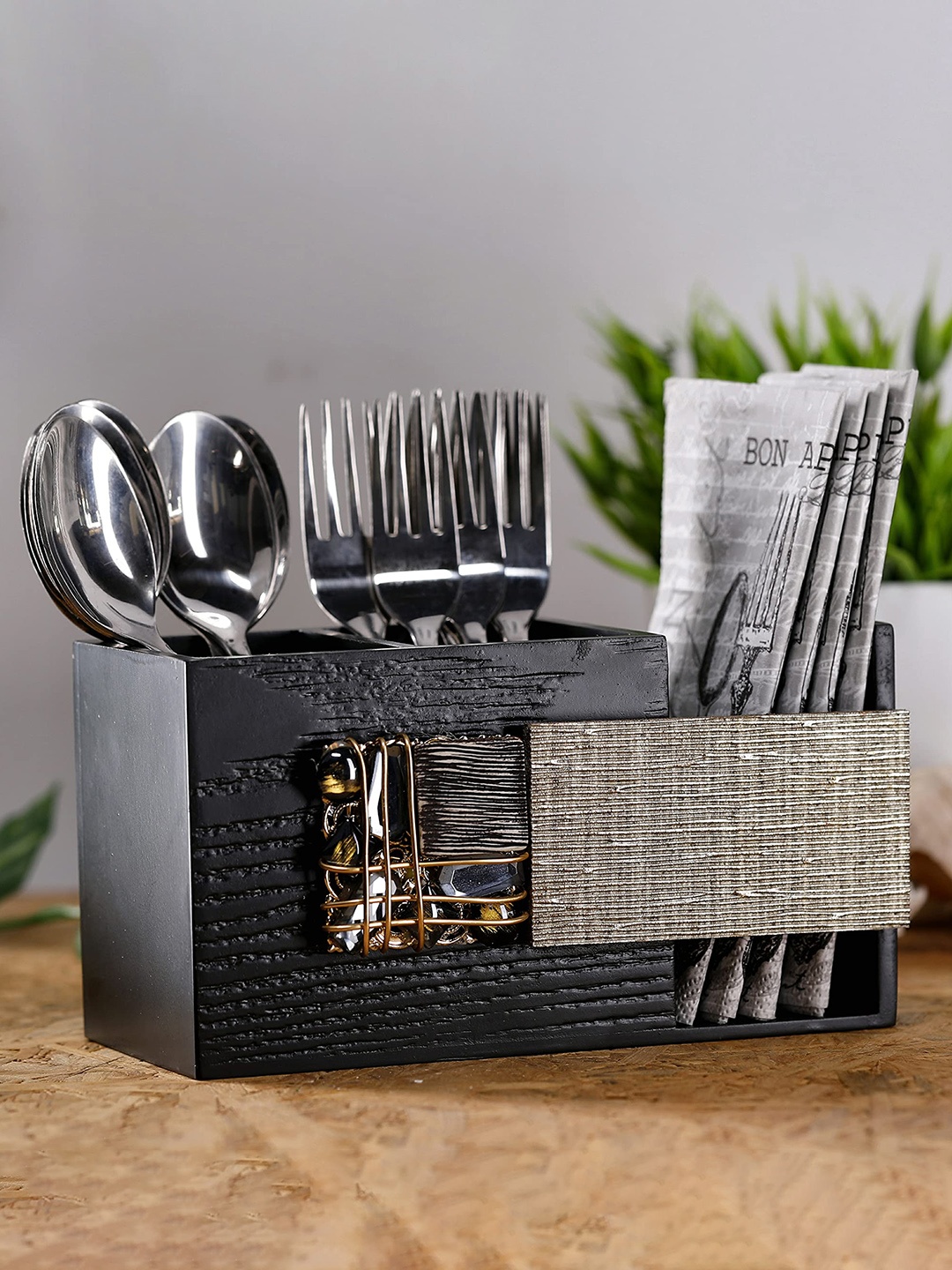 

COCKTAIL Black Embellished & Textured Wooden 3-Sections Cutlery Holder