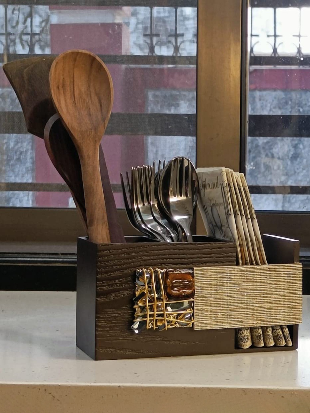 

COCKTAIL Brown Embellished & Textured Wooden 3-Sections Cutlery Holder