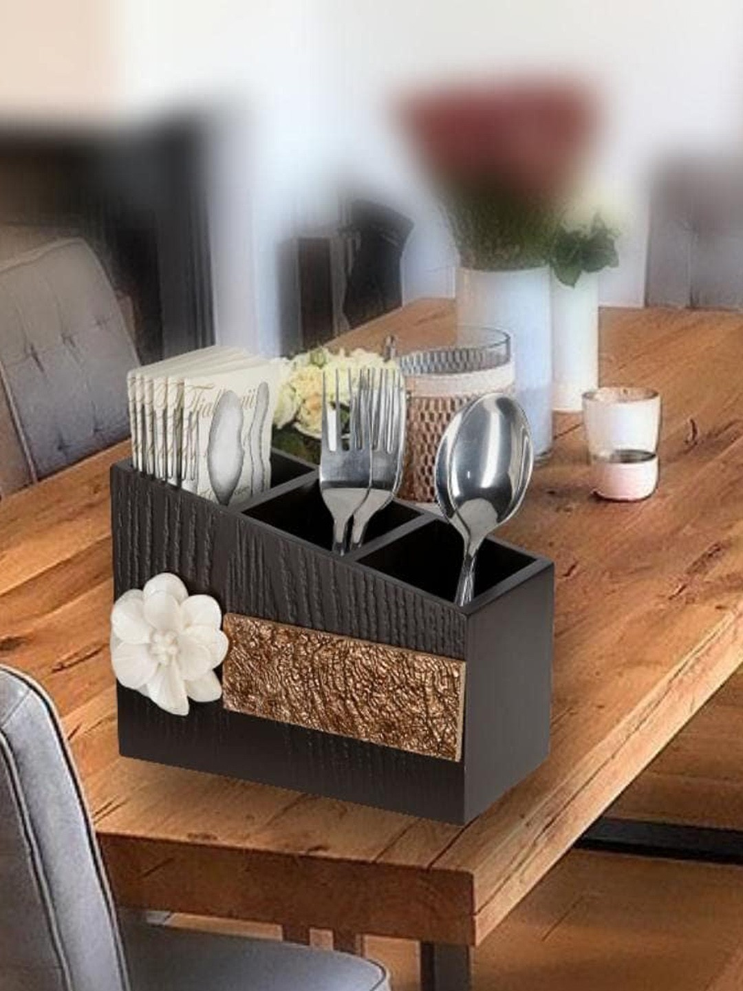 

COCKTAIL Brown Textured Wooden 3-Sections Cutlery Holder