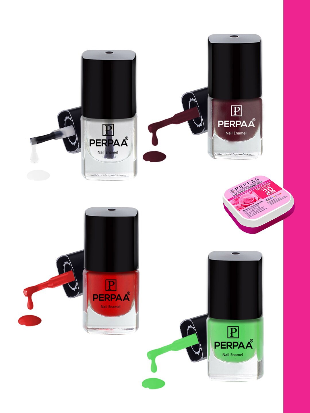 

PERPAA Set Of 4 Quick Dry & Long Lasting Nail Polishes With Nail Enamel Wipes, Multi