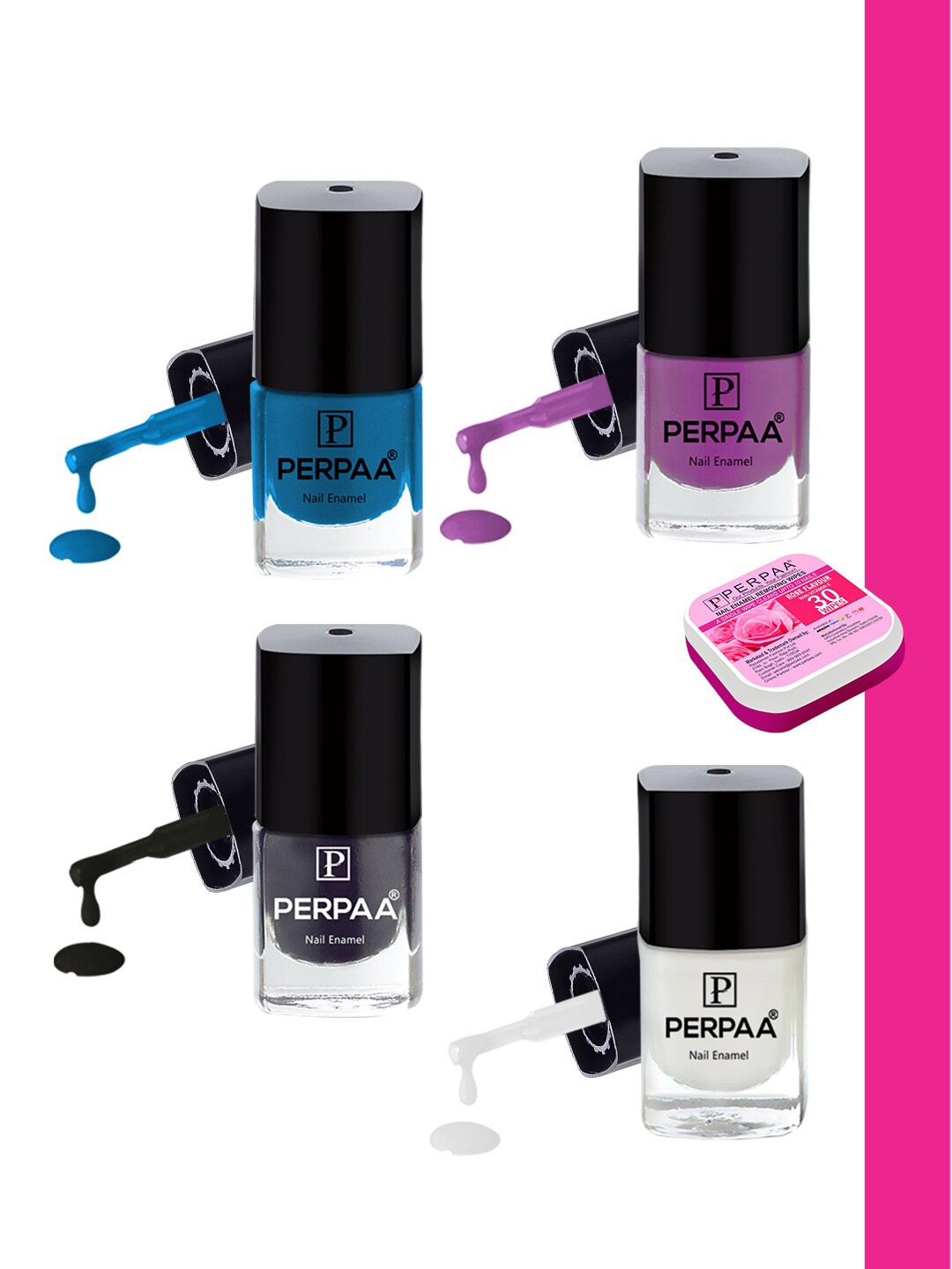 

PERPAA Set Of 4 Quick Dry & Long Lasting Nail Polishes With Nail Enamel Wipes, Multi