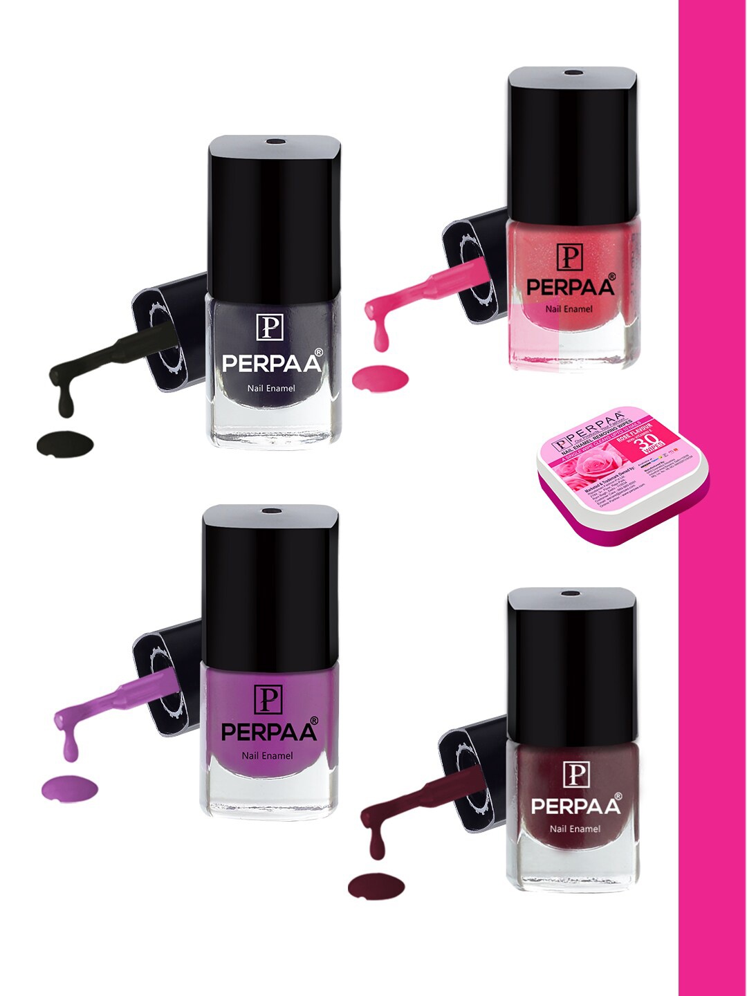 

PERPAA Set Of 4 Quick Dry & Long Lasting Nail Polishes With Nail Enamel Wipes, Multi