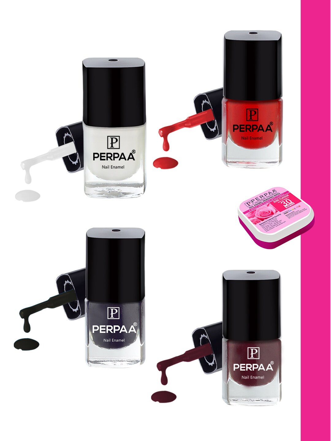 

PERPAA Set Of 4 Quick Dry & Long Lasting Nail Polishes With Nail Enamel Wipes, Multi