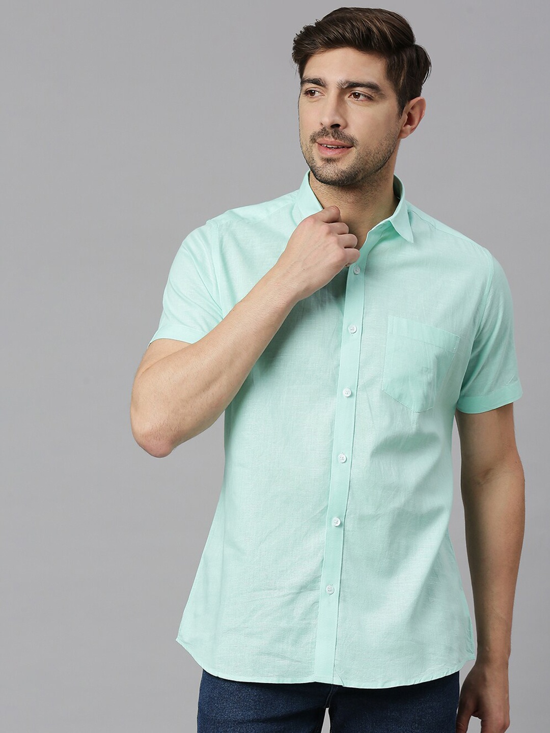 

EVOQ Cutaway Collar Classic Cotton-Linen Casual Shirt, Sea green