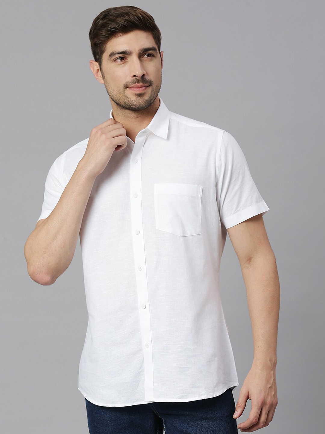 

EVOQ Classic Cotton Linen Spread Collar Casual Shirt, White