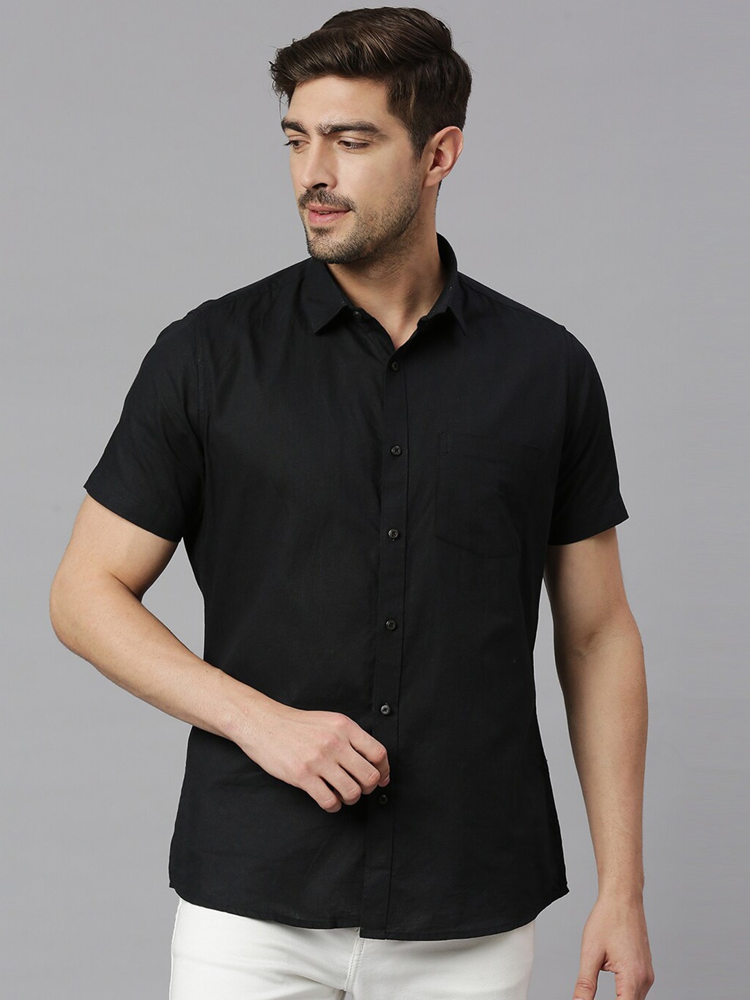 

EVOQ Cutaway Classic Cotton-Linen Casual Shirt, Black