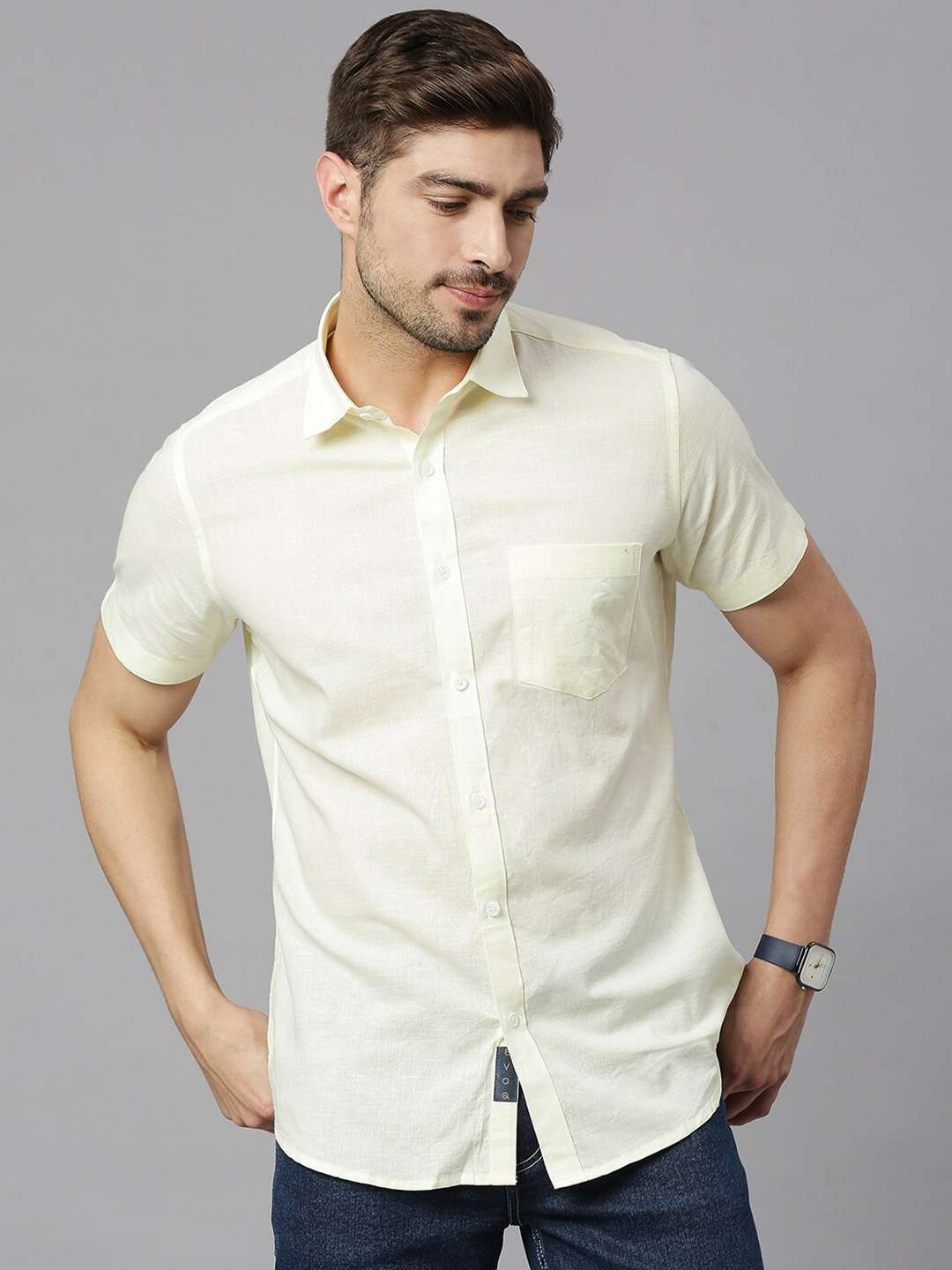 

EVOQ Cutaway Classic Cotton-Linen Casual Shirt, Yellow