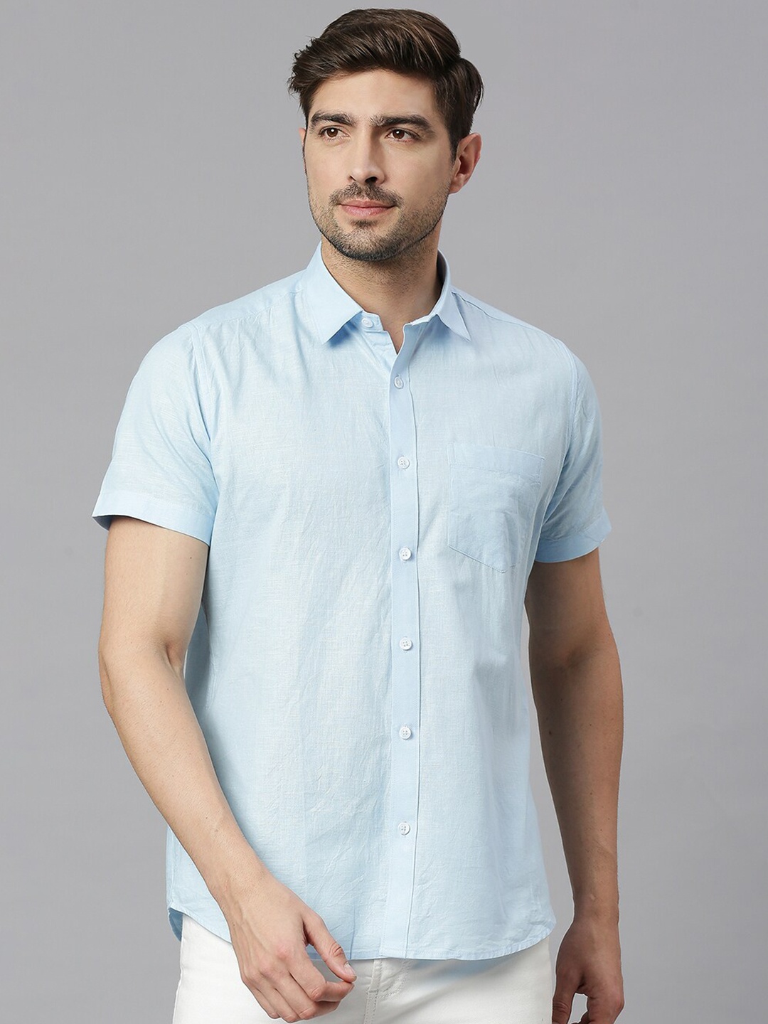 

EVOQ Cutaway Classic Cotton-Linen Casual Shirt, Blue