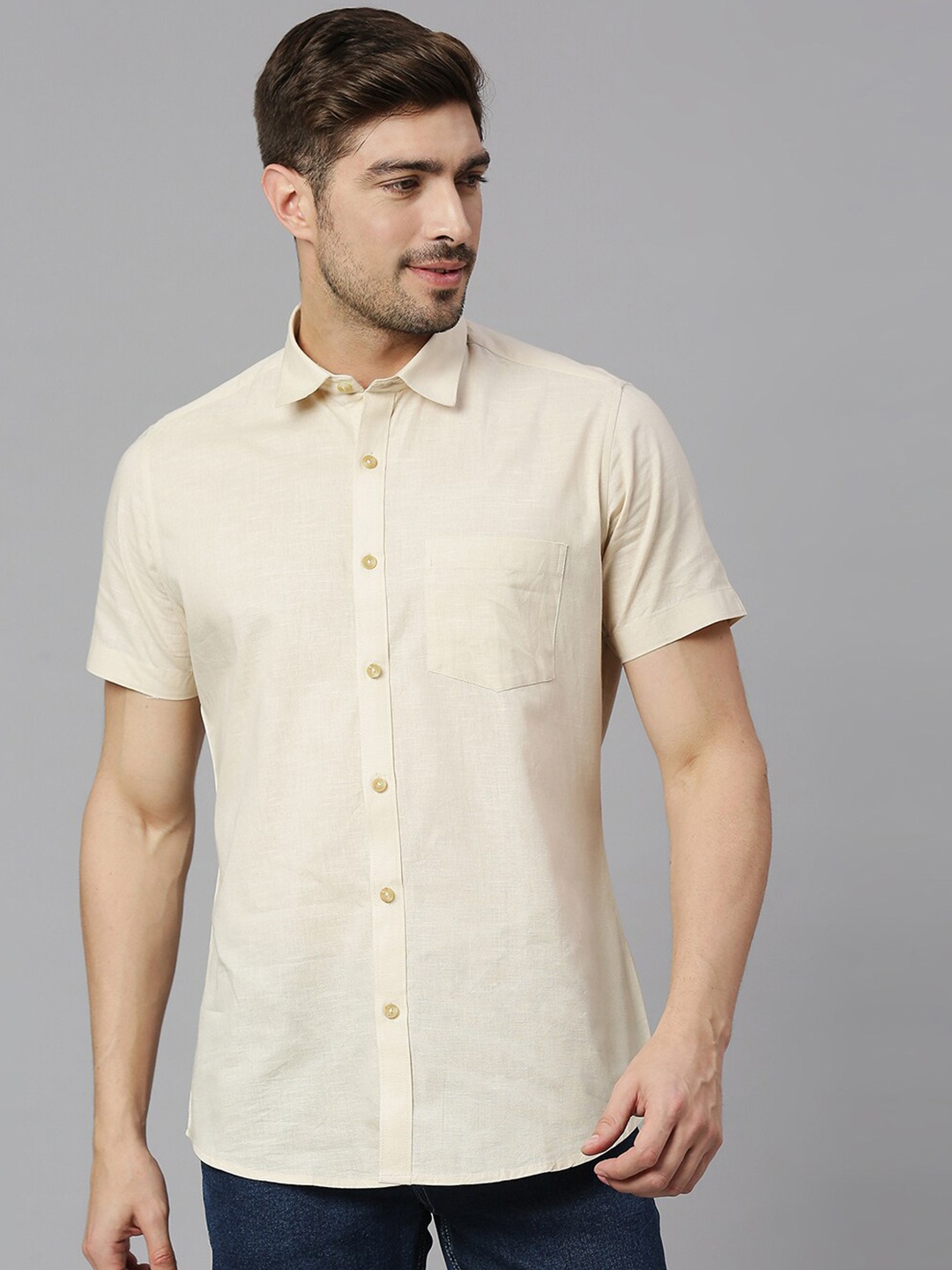 

EVOQ Classic Spread Collar Regular Fit Pure Cotton Casual Shirt, Beige