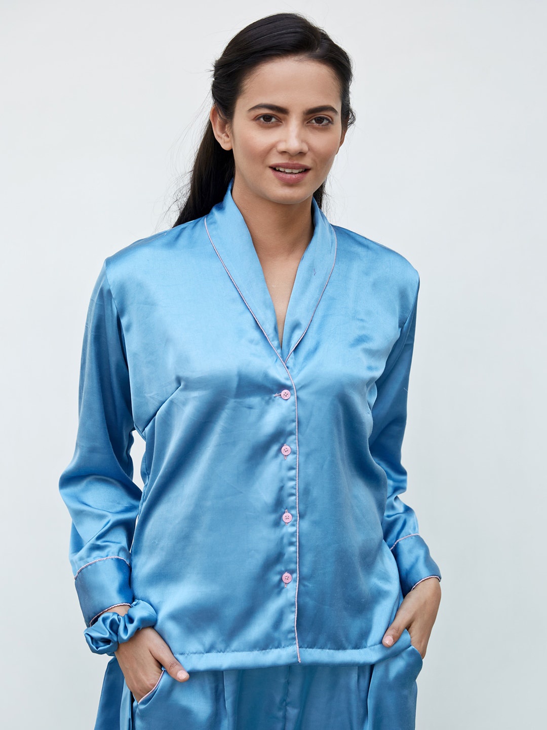 

Ambraee V-Neck Satin Night suit, Blue
