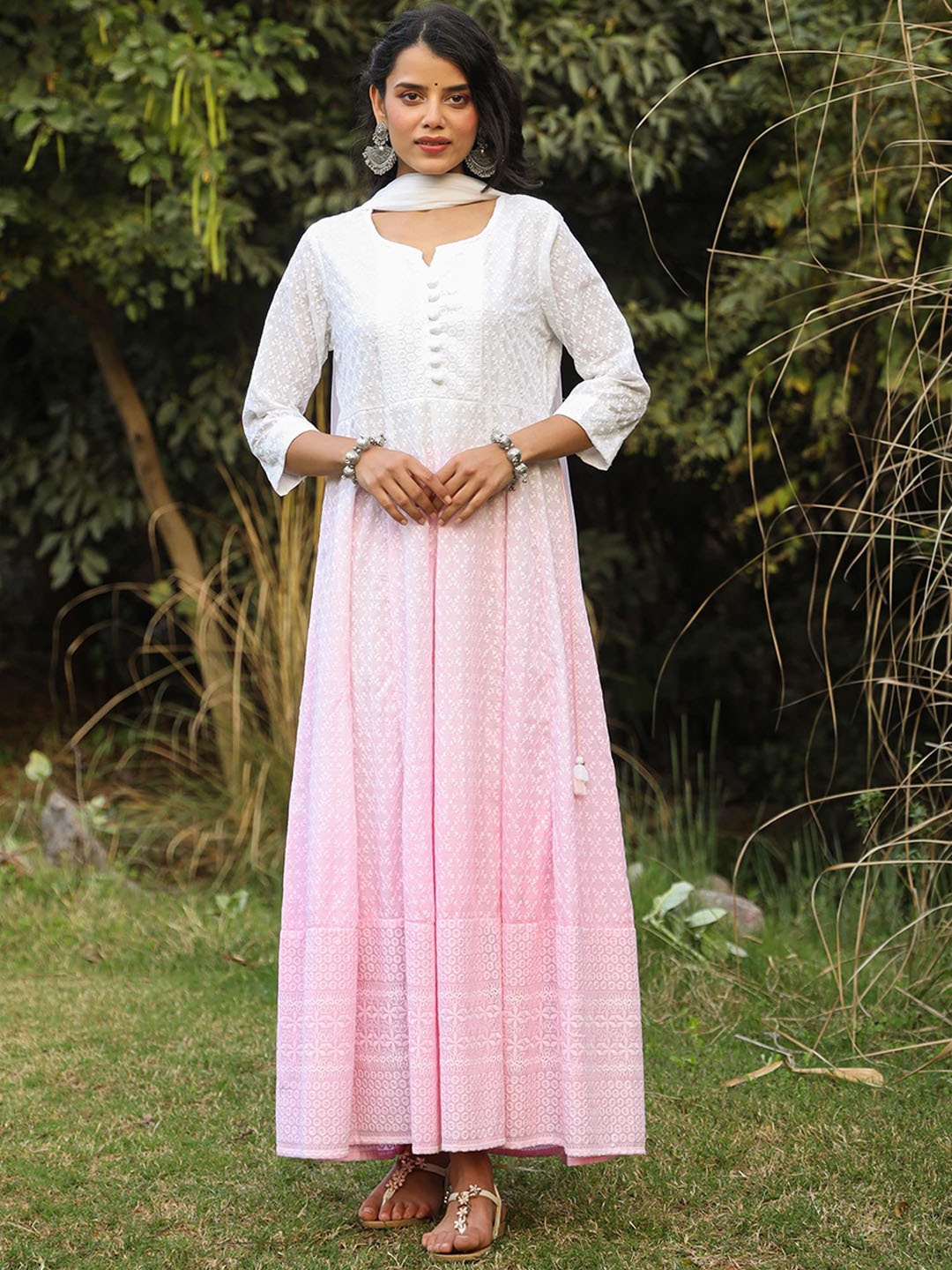 

SCAKHI Embroidered Tie-Dyed Ombre Pure Cotton Maxi Ethnic Dress With Dupatta, White