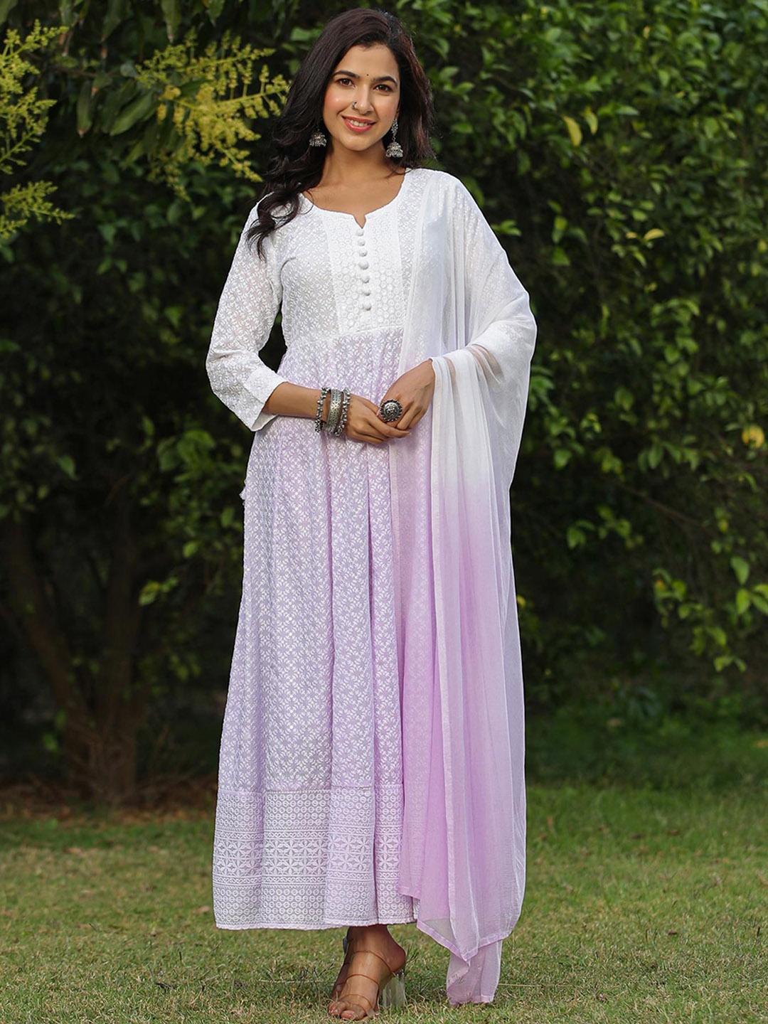 

SCAKHI Chikankari Embroidered Tie-Dyed Ombre Pure Cotton Ethnic Dress With Dupatta, Purple