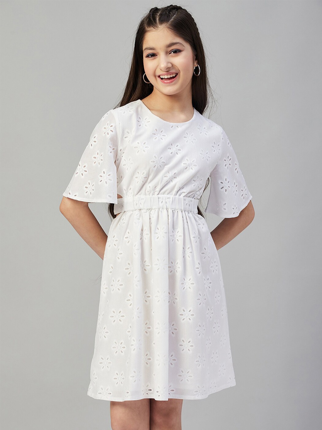 

Stylo Bug Girls Self Design Flared Sleeves Fit & Flare Dress, White