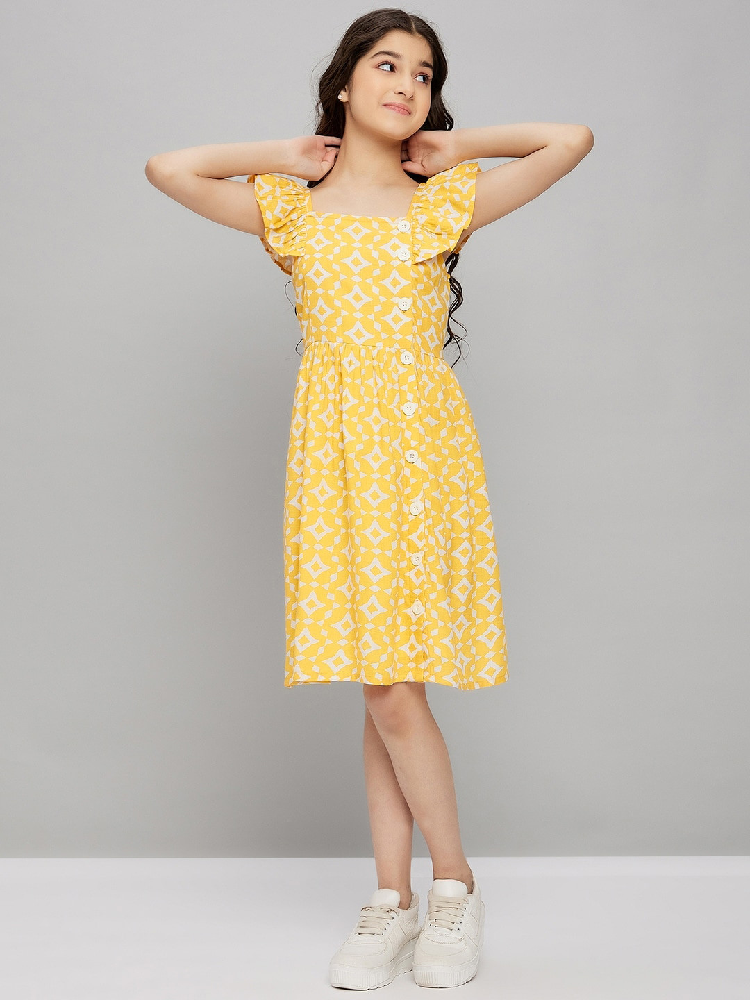 

Stylo Bug Girls Floral Printed Square Neck Flutter Sleeves Cotton A-Line Dress, Yellow
