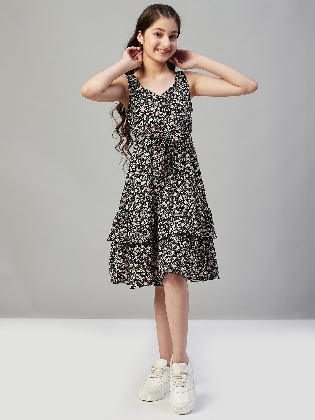 

Stylo Bug Girls Floral Printed Layered Fit & Flare Dress, Black