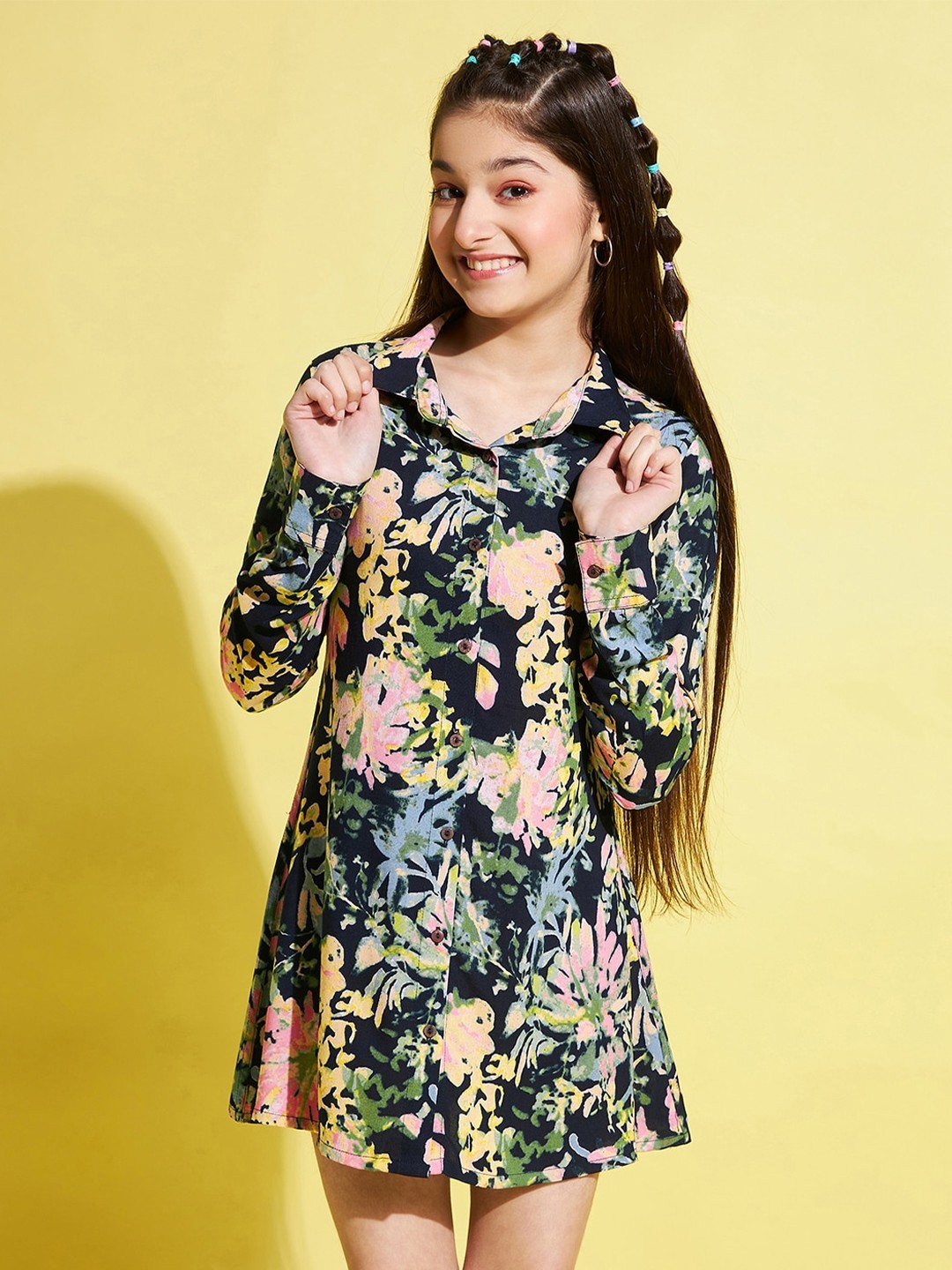 

Stylo Bug Girls Floral Printed Shirt Mini Dress, Black
