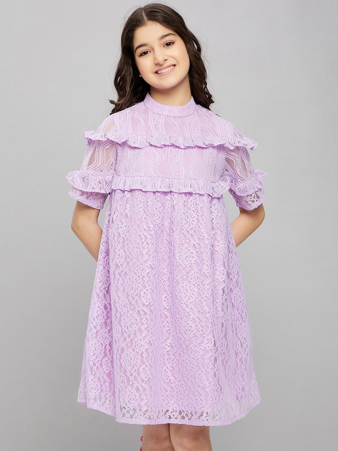 

Stylo Bug Girls Self Design Ruffles Detail A-Line Dress, Lavender