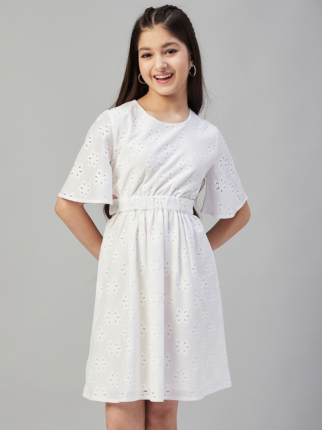 

Stylo Bug Girls Self Design Cut-Out Detail A-Line Dress, White