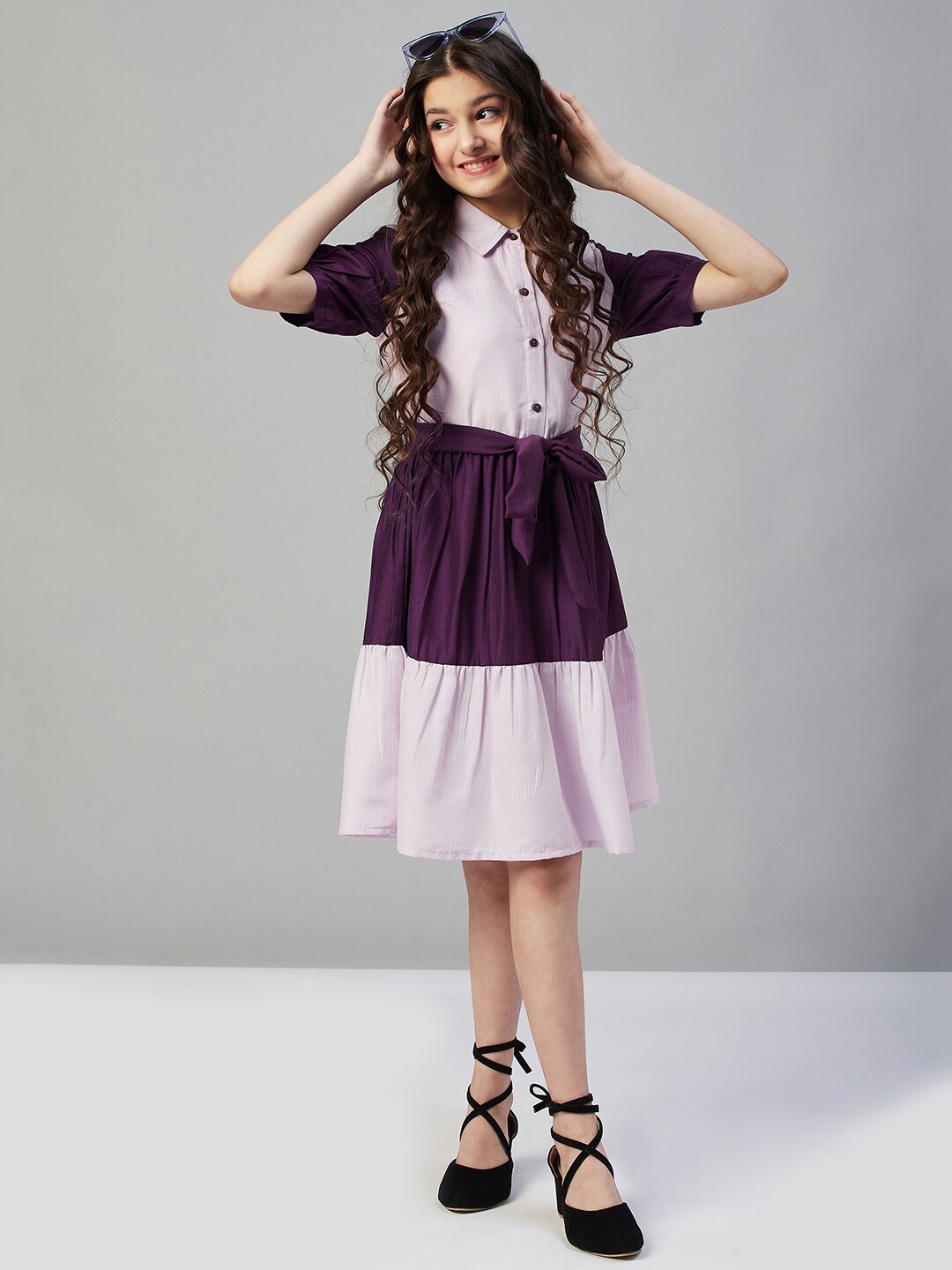 

Stylo Bug Girls Shirt Collar Fit & Flare Dress, Pink