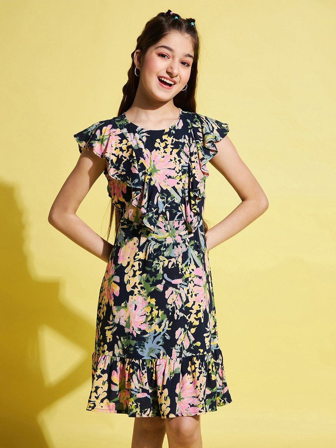 

Stylo Bug Girls Floral Printed Fit & Flare Dress, Black