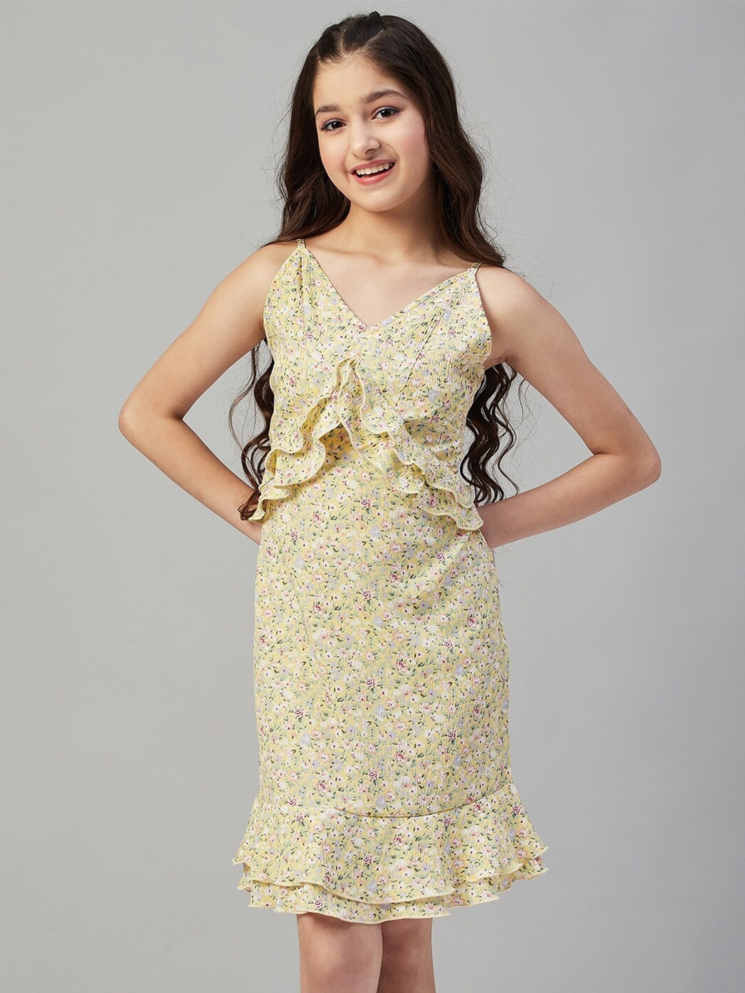 

Stylo Bug Girls Floral Printed Ruffles A-Line Dress, Yellow