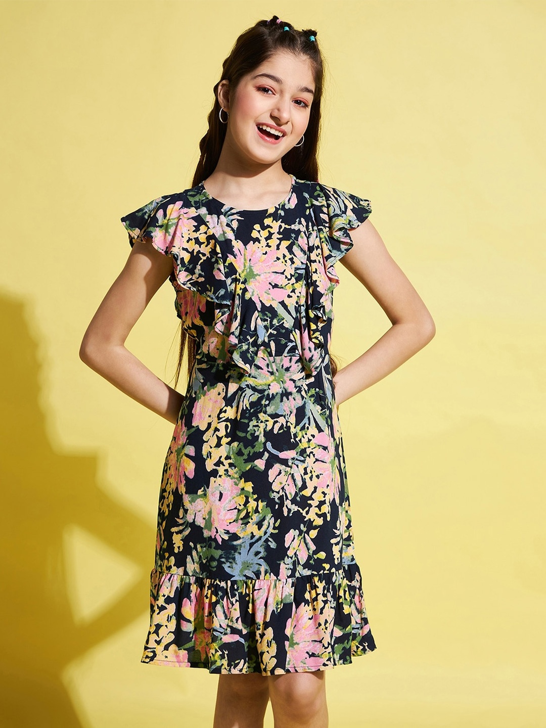 

Stylo Bug Girls Flutter Sleeves Floral Printed Dress, Black