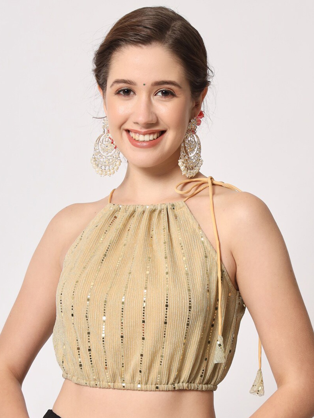 

studio rasa Beige Embellished Tie-Up Halter Crop Top