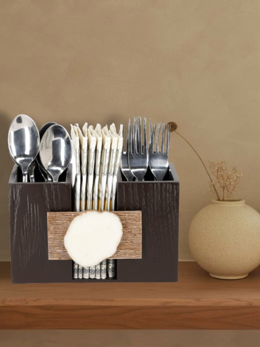 

COCKTAIL Brown Resin Embellished & Textured 3-Sections Wooden Cutlery Holder